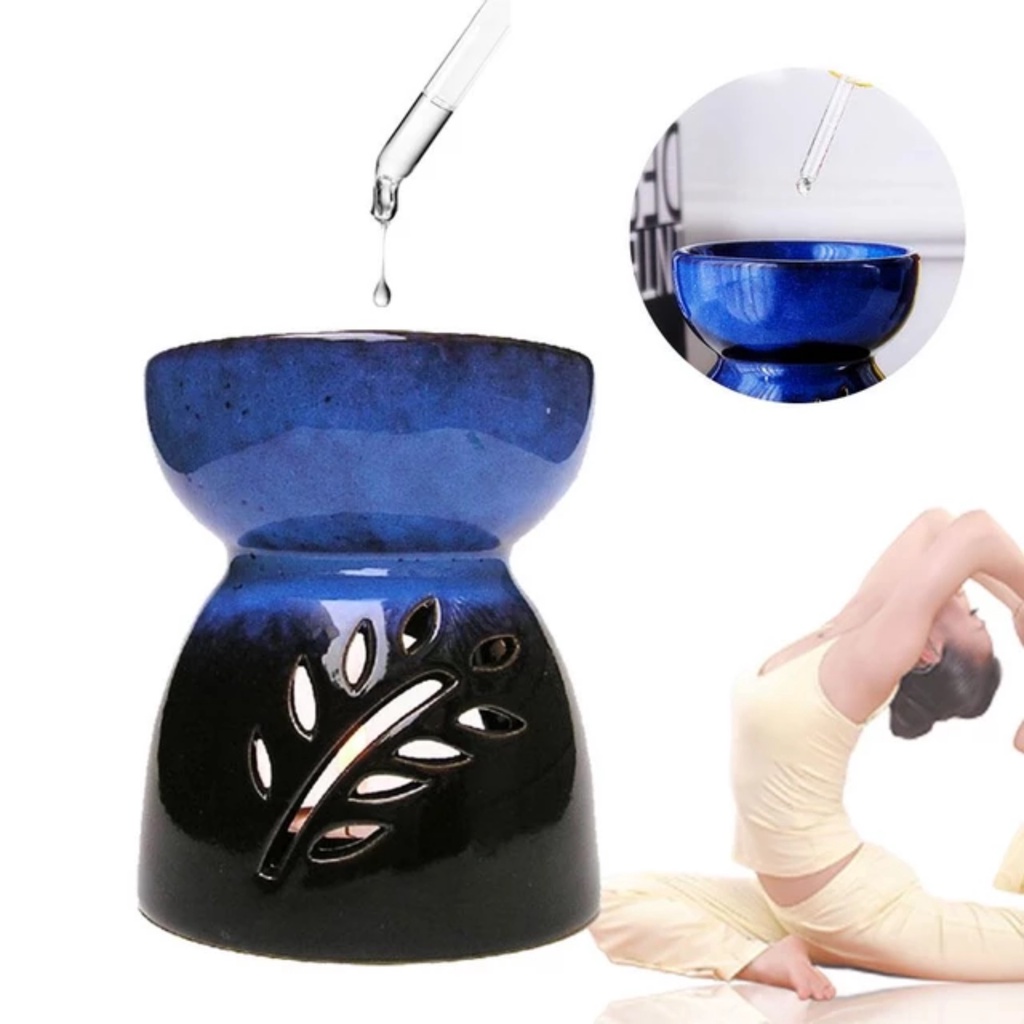 Đèn xông tinh dầu đốt nến tealight bằng gốm sứ size lớn màu xanh đen tráng men cao cấp