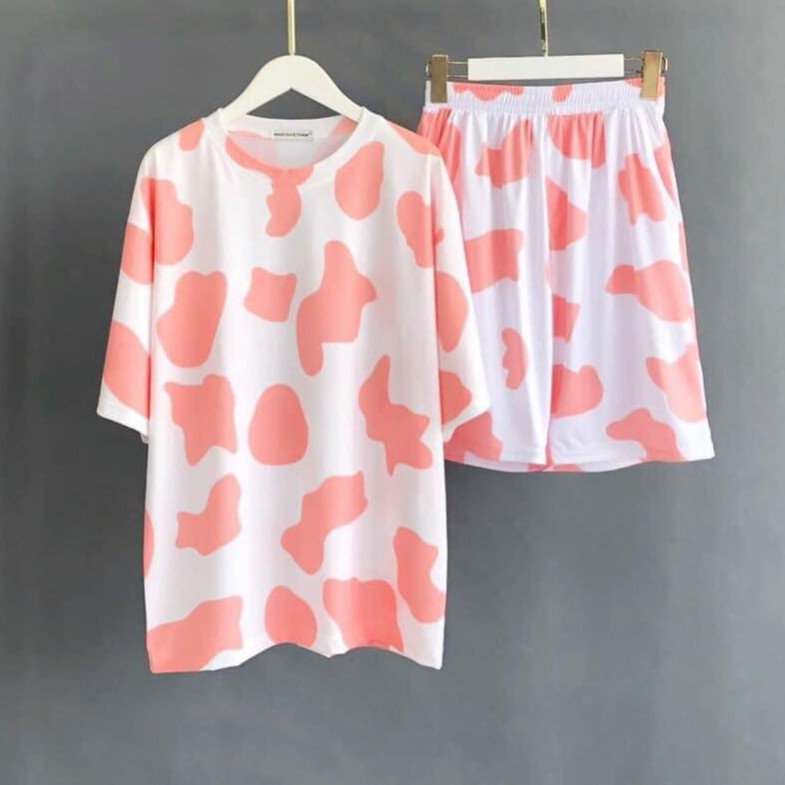 Set áo phông bò sữa + quần short cartoon unisex cryaotic10