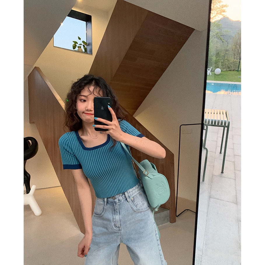 SUXI Áo Kiểu Tay Ngắn Cổ Vuông Họa Tiết Kẻ Sọc Thời Trang Cho Nữ