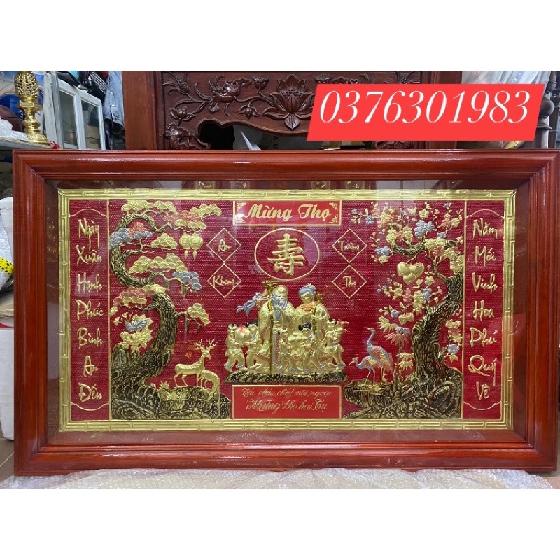 tranh mừng thọ ( tranh chúc thọ ) bằng đồng khung gỗ