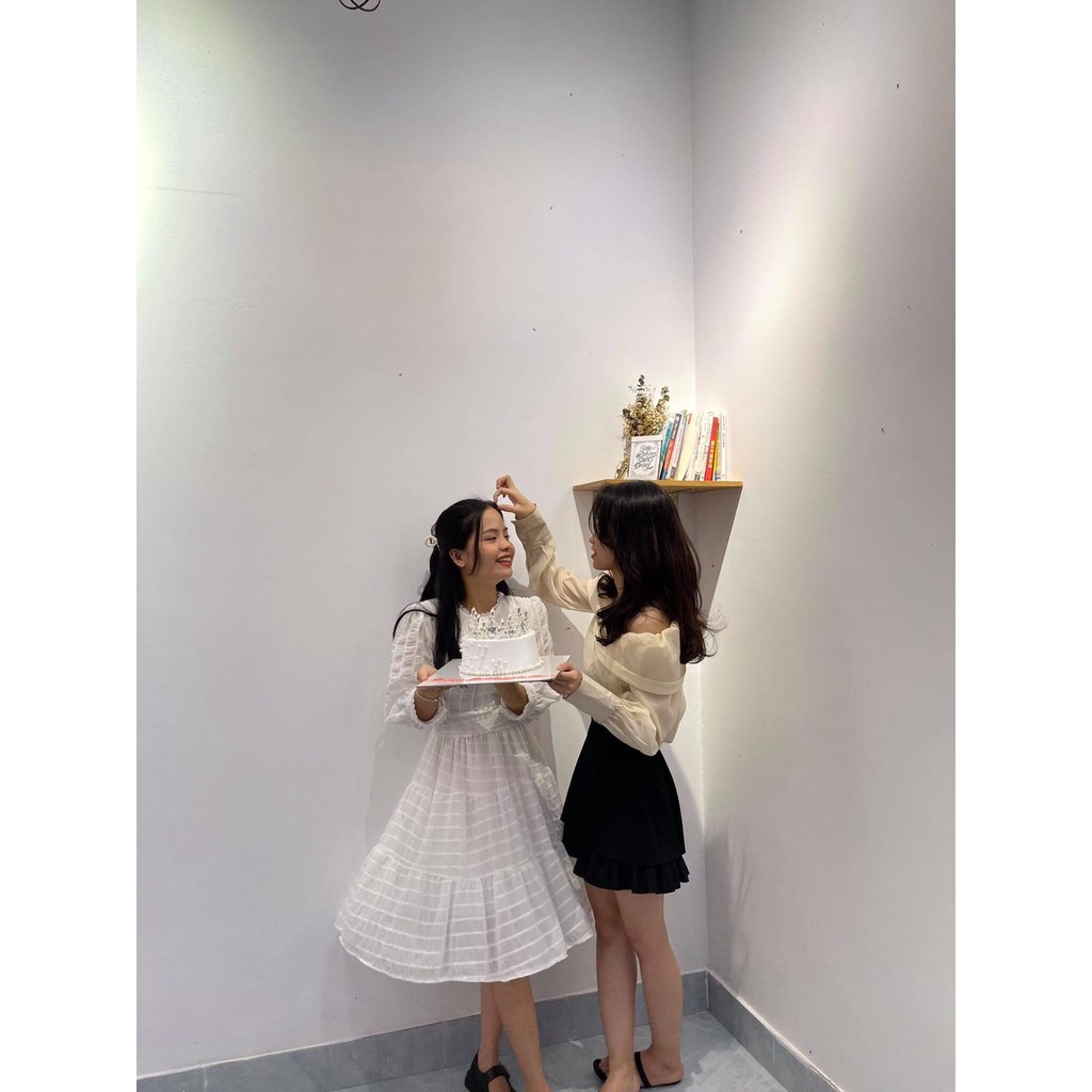 Đầm Babydoll Dáng Dài Thiết Kế Chất Liệu Ren Kẻ Ô Kiểu Dáng Tiểu Thư Màu Trắng | ROSE CLOTHING D0373