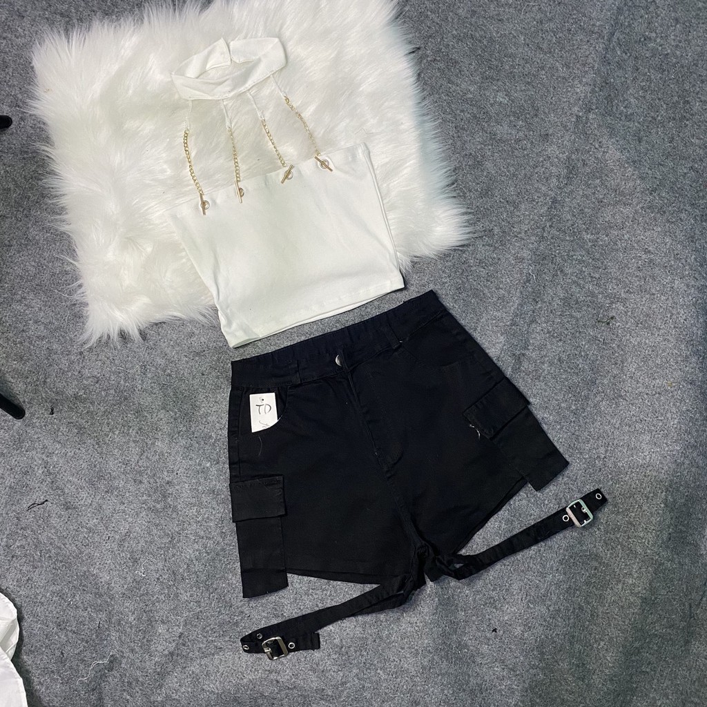 Set áo yếm choker dây xích quần short kaki đính khoen rời siêu hot - set đồ phối sẵn