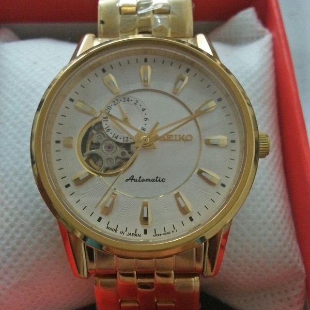 Đồng hồ cơ Nam seiko lộ máy lộ tim dây kim loại mặt trắng