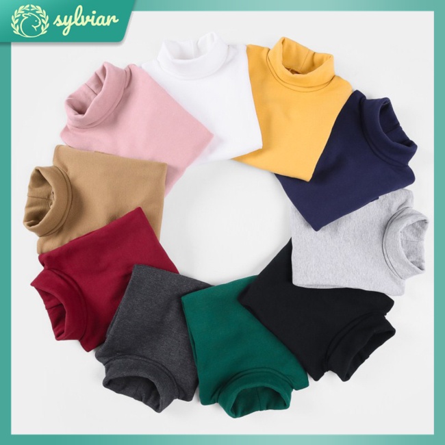 Áo Thun Cotton Tay Dài Cổ Cao Màu Trơn Dễ Thương Dành Cho Bé Gái