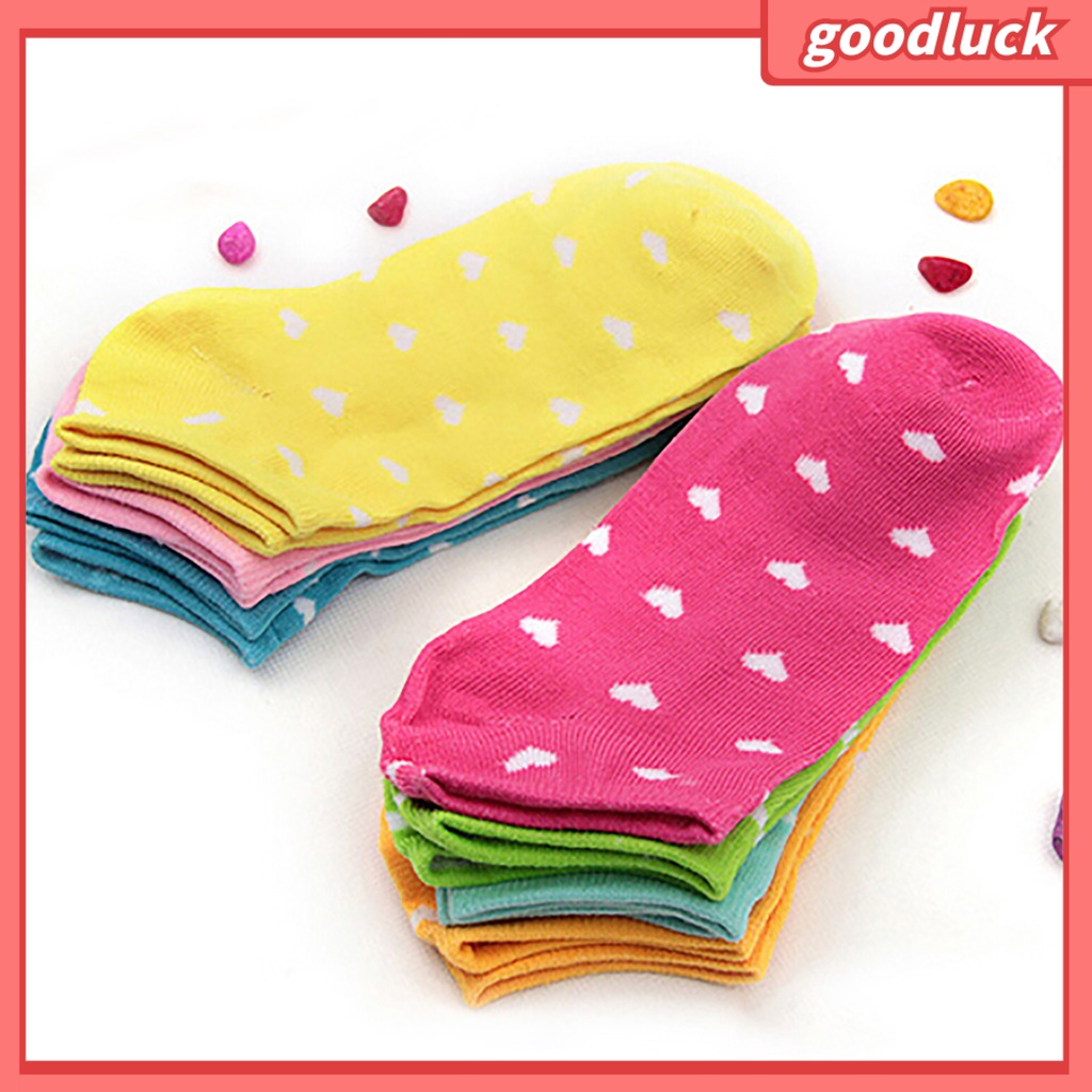 Set 5 Đôi Tất Cotton Ngắn Hoạ Tiết Trái Tim Xinh Xắn Cho Nữ
