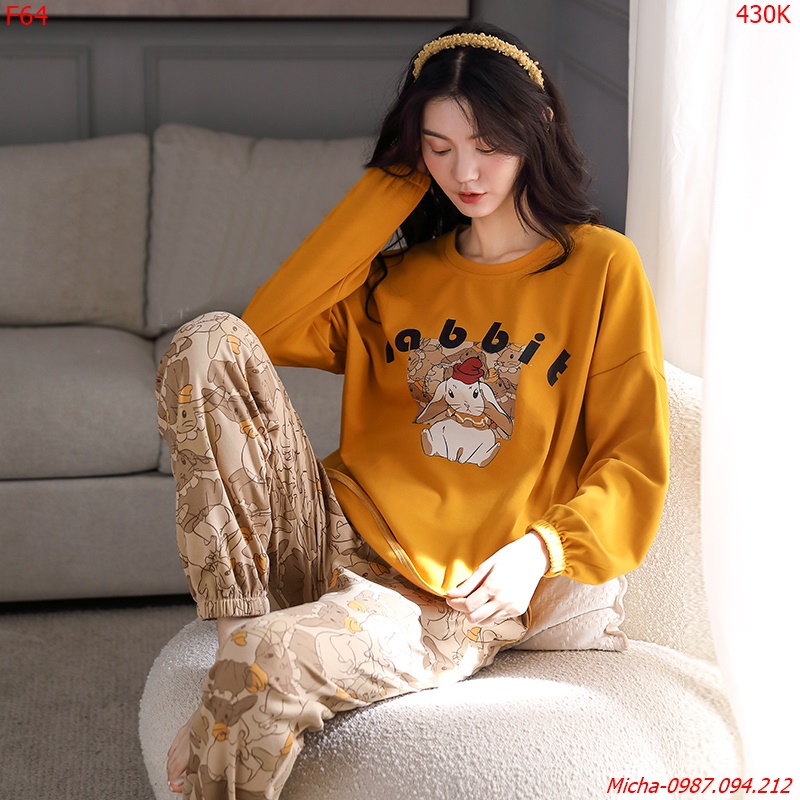 Bộ mặc nhà cotton dài tay màu vàng nghệ (hình thỏ) - Micha F64