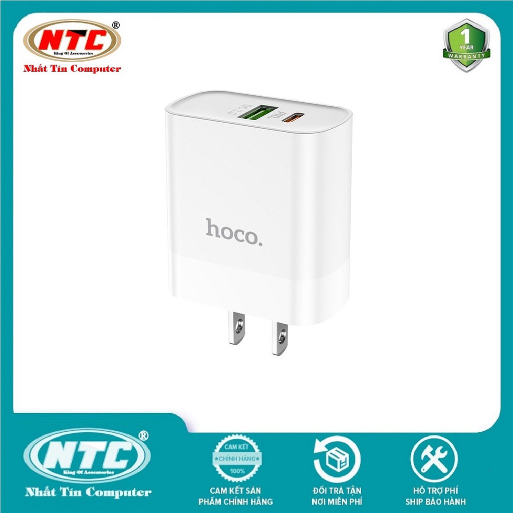 Cốc sạc 2 cổng USB Hoco C80 chân dẹp QC3.0 và Type-C PD20W (Trắng) - Hàng chính hãng