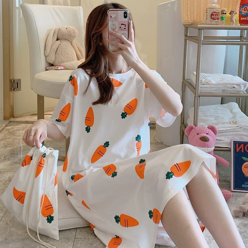 Váy ngủ cộc tay, đầm ngủ dáng suông chất cotton mềm mát họa tiết hoạt hình dễ thương VH201