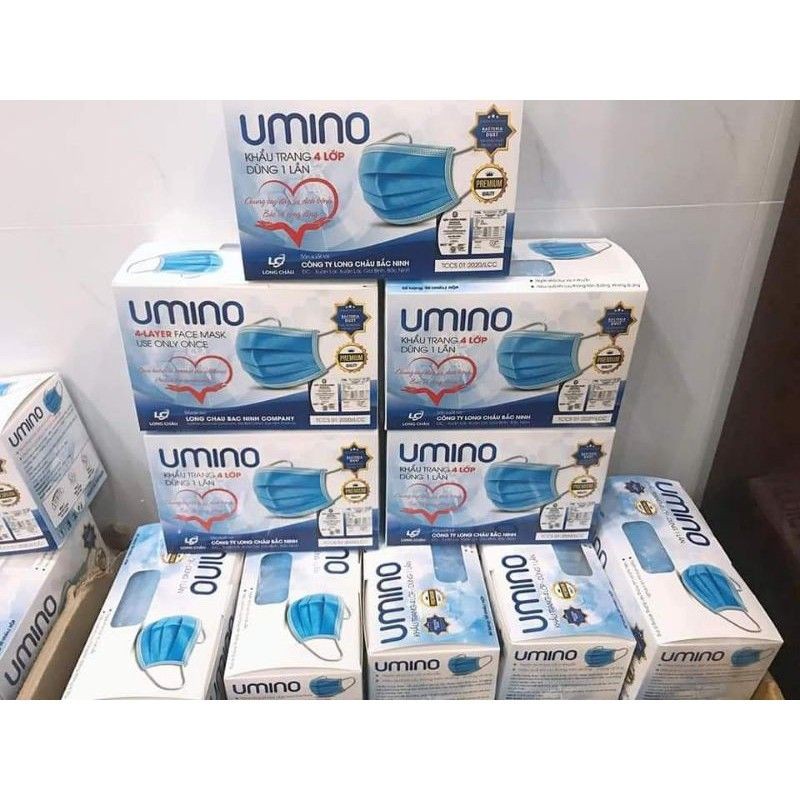 (Màu xanh) Hộp khẩu trang y tế Umino 4 lớp màu Xanh 50 cái