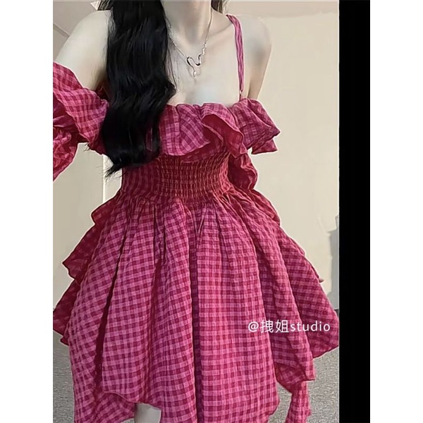 Váy Trễ Vai Bèo Tay Bồng Tầng Kẻ Ô Màu Hồng Phong Cách Hàn Quốc ❤️