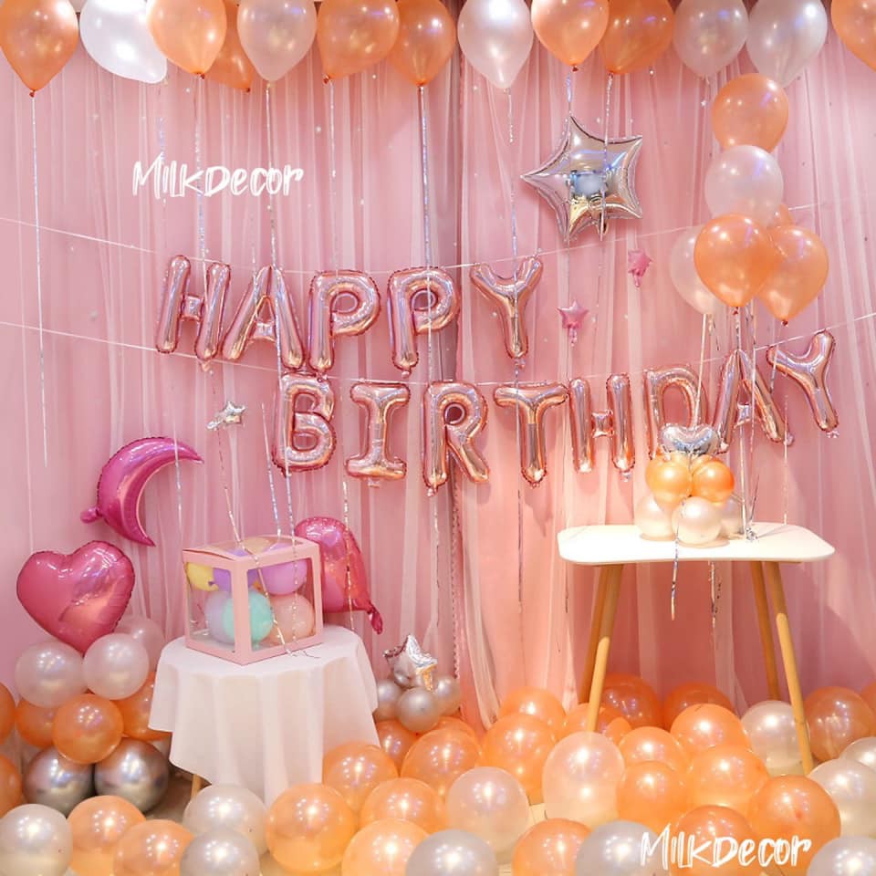 Bộ Bóng Bay Chữ Happy Birthday Trang Trí Sinh Nhật SP07 Tông Màu Hồng Gold Đủ Phụ Kiện