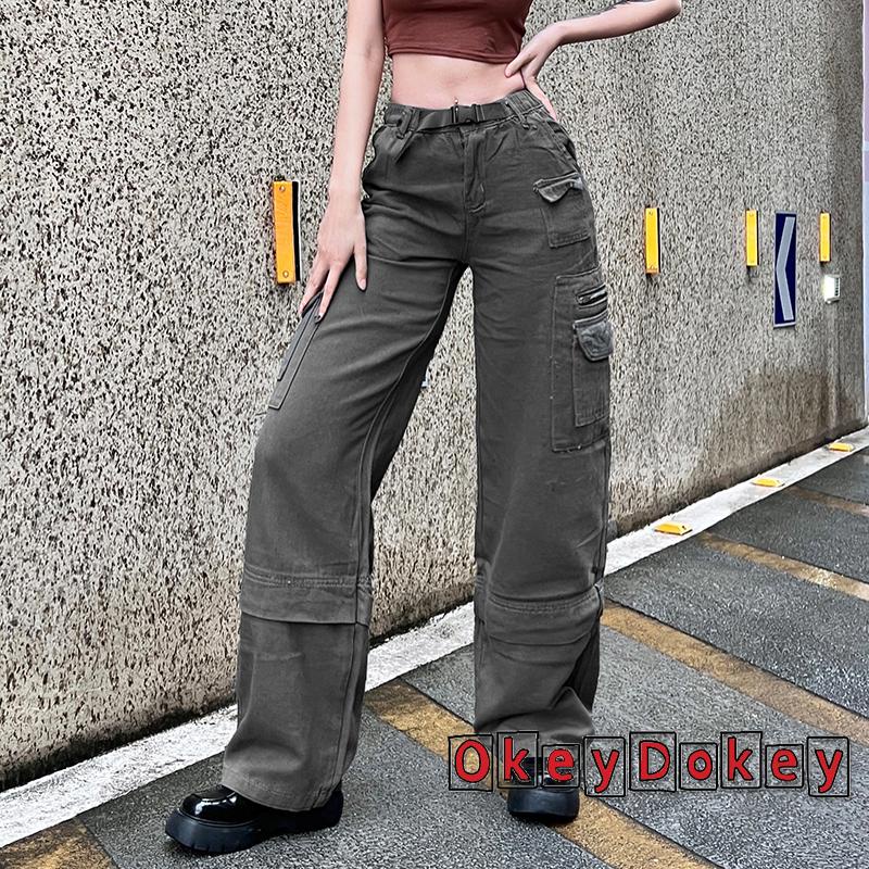 OKDK-Quần denim lưng cao nhiều túi màu trơn thời trang cho nữ