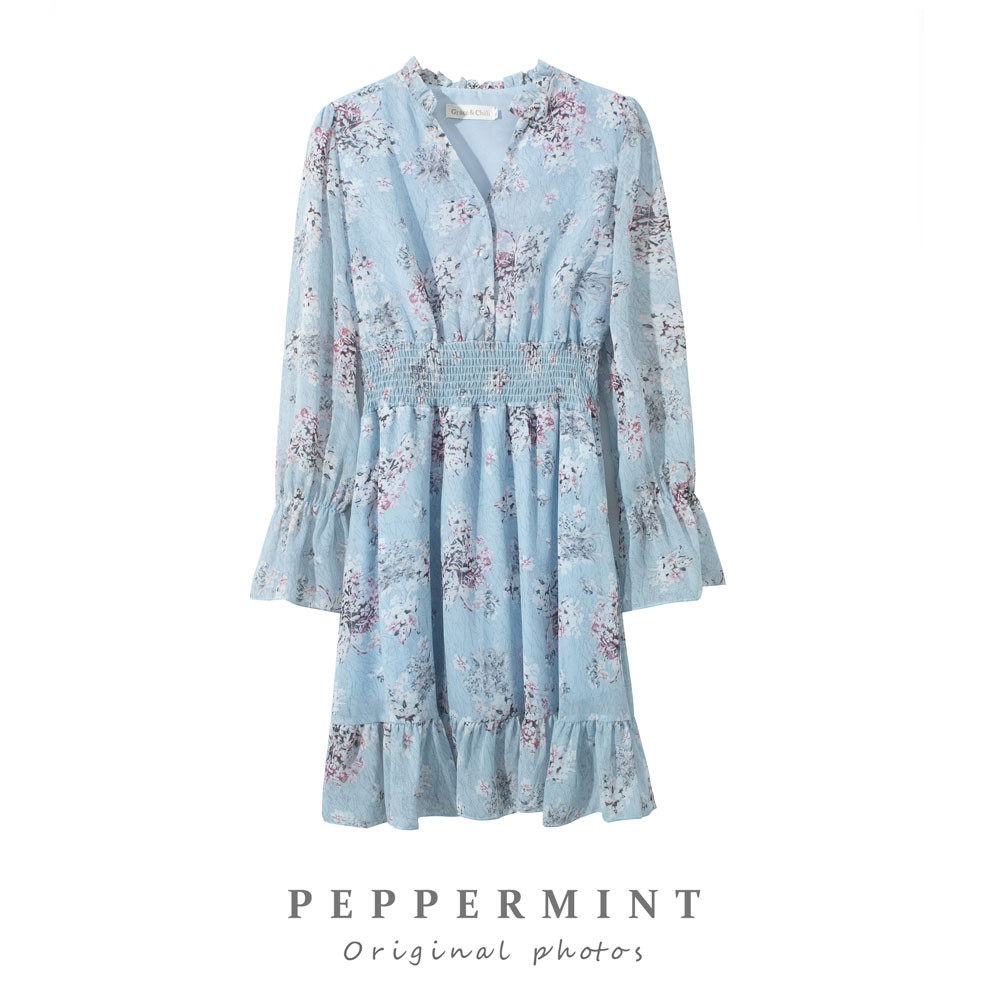 Đầm Voan Hoa Tay Dài Cổ Chữ V Thời Trang 29250