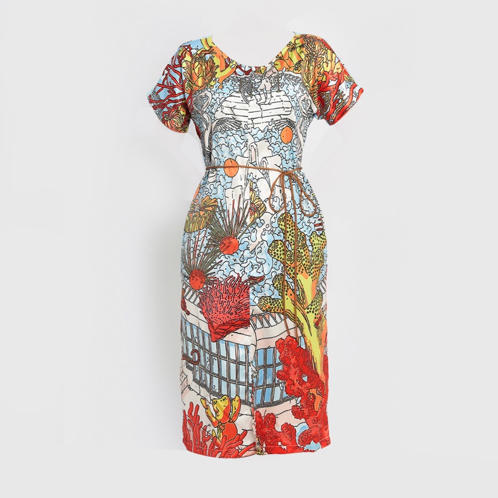 Đầm Xuông Xẻ Tà Hecci Họa Tiết Biển Kèm Đai Thắt Eo V209