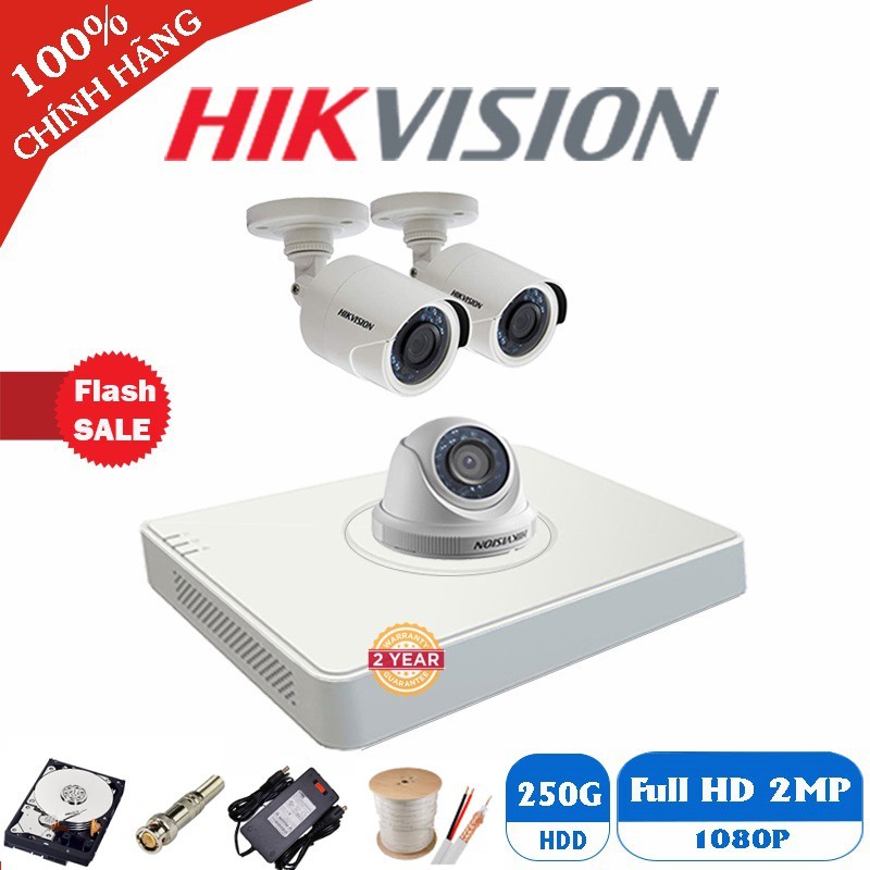 Trọn Bộ 3 Camera giám sát Hikvision Full HD 1080P - 2M + kèm ổ cứng 250G + Full phụ kiện để khách tự lắp