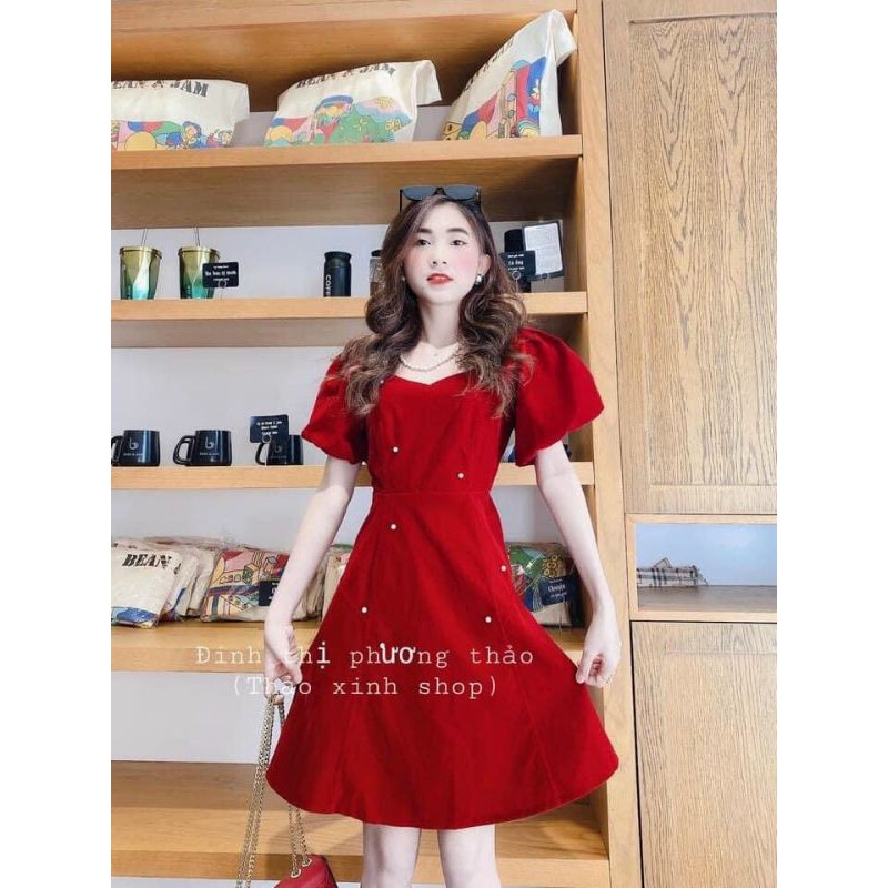 Đầm váy nữ dáng  xòe tay ngắn phồng váy đính cườm xinh màu đỏ dễ thương