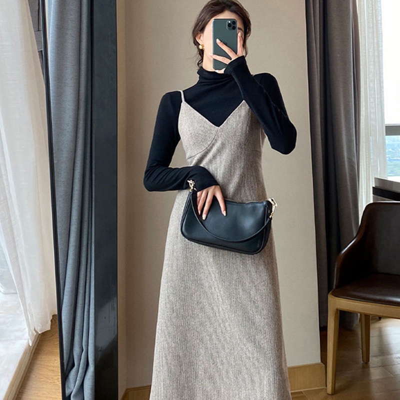 Bộ đồ IELGY gồm đầm và áo tay dài màu đen thời trang phong cách Hàn Quốc dành cho nữ