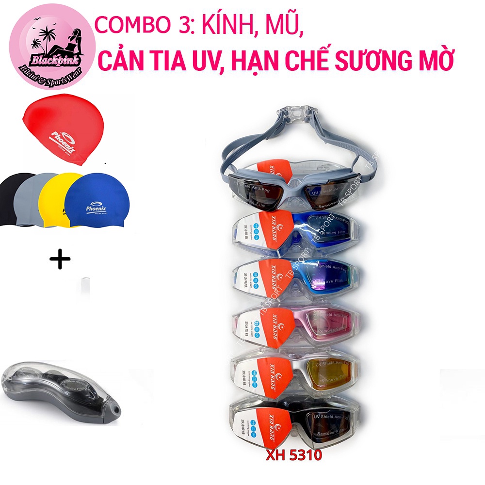 Combo kính bơi  tráng gương kèm hộp đựng nón bơi cao cấp XH5310