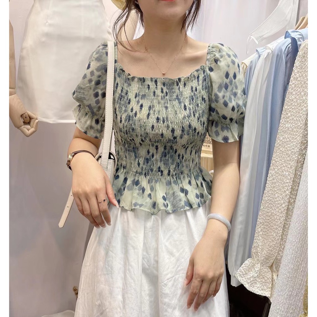 Áo nhún ngực voan chifon họa tiết Ulzzang style Hàng Quảng Châu