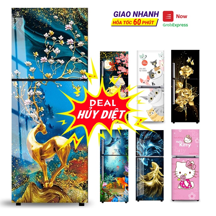 [Tặng combo 5 khăn lau] Decal chuyên dụng  dán trang trí  tủ lạnh- máy giặt  3D chống nước, sẵn keo, đủ kích cỡ