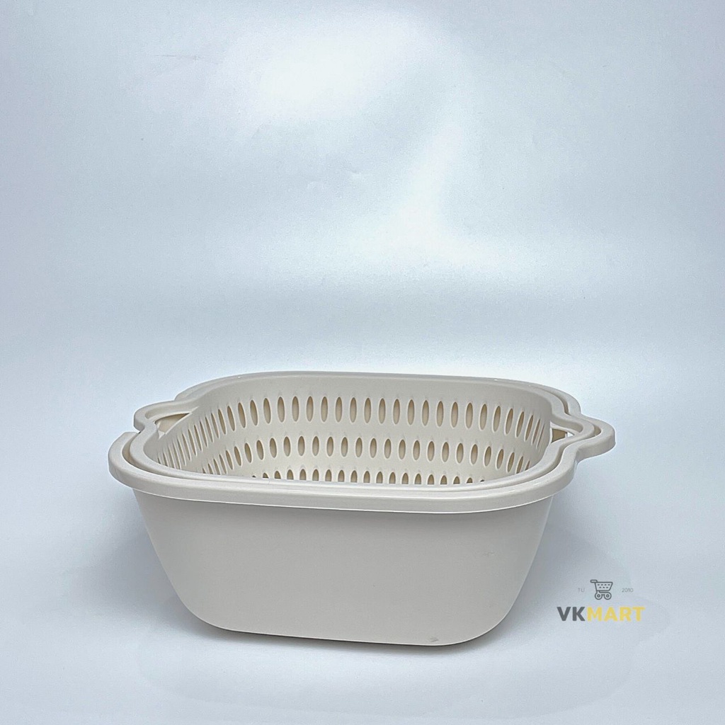 Rổ nhựa việt nhật, rổ nhựa vuông,  Bộ rổ kèm chậu hứng nước rửa rau củ đựng hoa quả trái cây 2 lớp