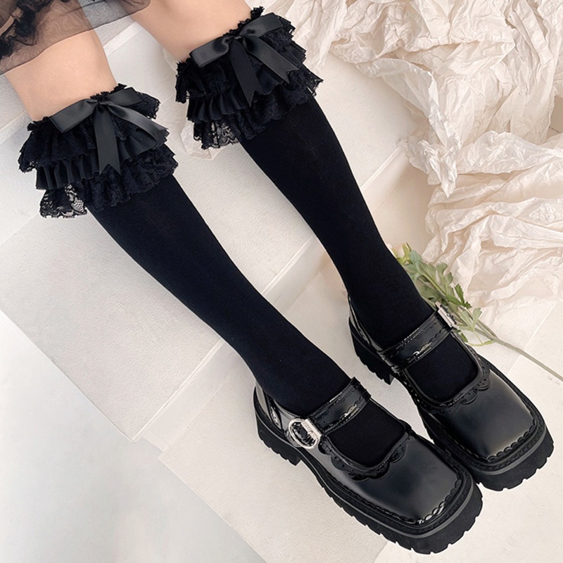 1 Cặp Tất Ren Phối Nơ Dài Đến Đầu Gối Màu Trắng Đen Phong Cách Lolita Cho Nữ