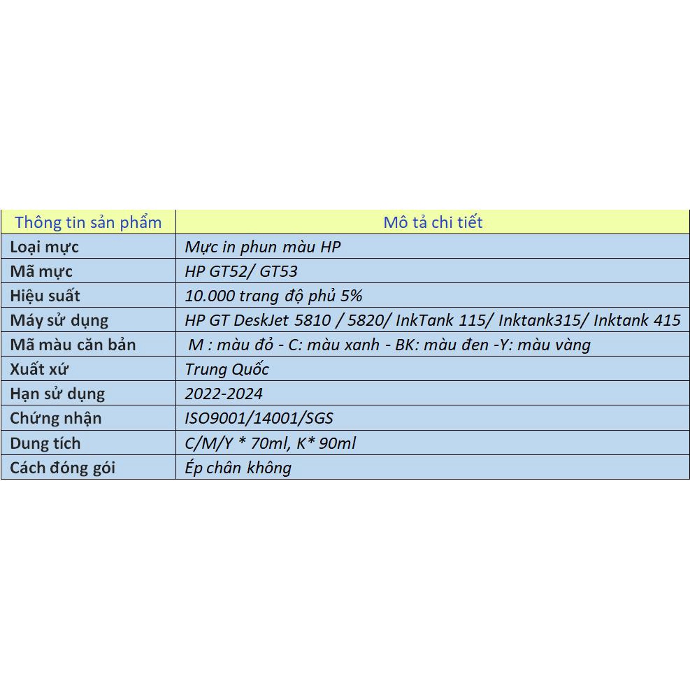 Mực máy in HP GT52/53 màu Đen - hàng nhập khẩu-dùng cho  HP GT 5800/5810/5820 HP InkTank 115/Inktank 215/Inktank 415