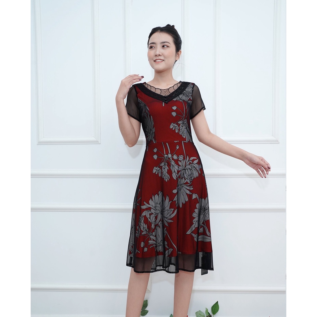 GOTI - Đầm Trung Niên Dự Tiệc Dáng Xòe Dài Qua Gối Phối Lưới Co Giãn Tốt Sang Trọng Cho Mẹ U50 U60 3351 3332