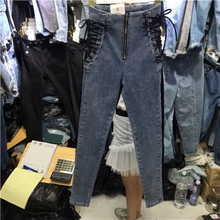 Quần jeans đan dây hông cạp cao 2019