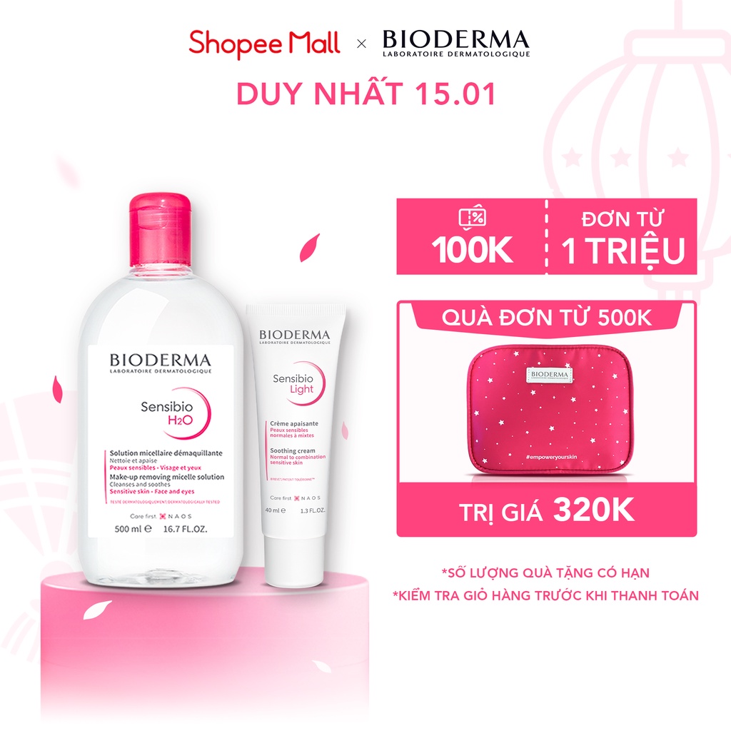 Bộ đôi dung dịch làm sạch và tẩy trang cho da nhạy cảm Bioderma Sensibio H2O 500ml và kem dưỡng Sensibio Light 40ml