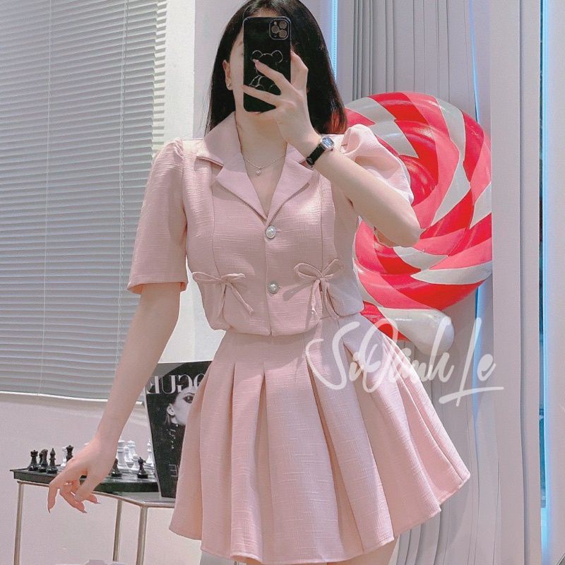 SET ÁO CỔ VEST NƠ VÀ CHÂN VÁY DẬP LI