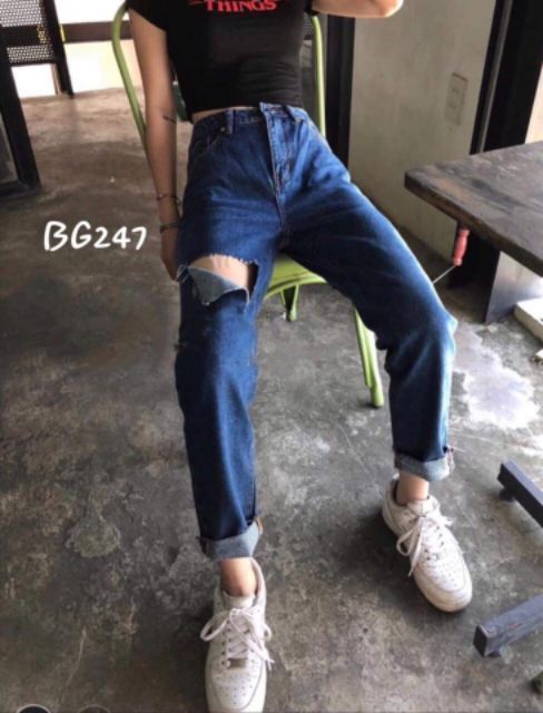 Baggy jeans trơn đậm phối rách ripped off baggy jeans ulzzang