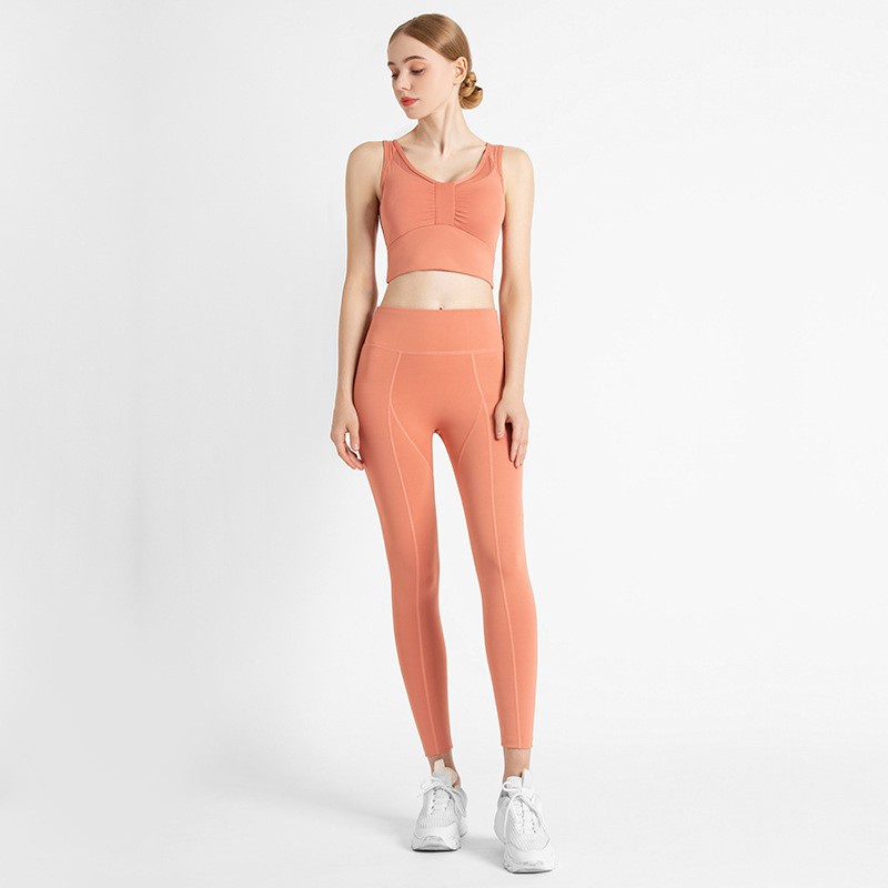 Bộ Đồ Thể Thao Hai Mảnh Áo Hai Dây Eo Cao Ôm Dáng Màu Đào Có Đệm Ngực Cho Nữ Tập Yoga/Thể Hình/Yoga/Push Up