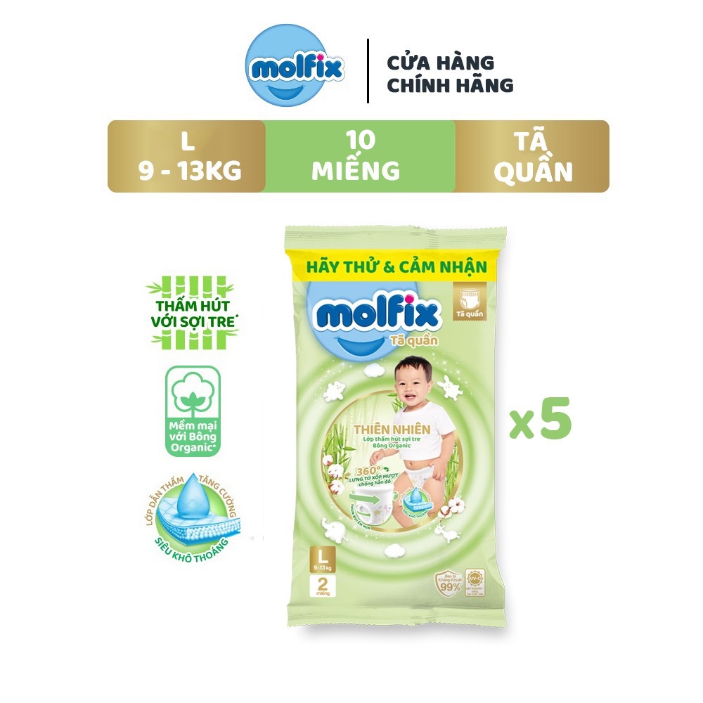 10 miếng tã quần Molfix Thiên nhiên L (9kg - 13kg)