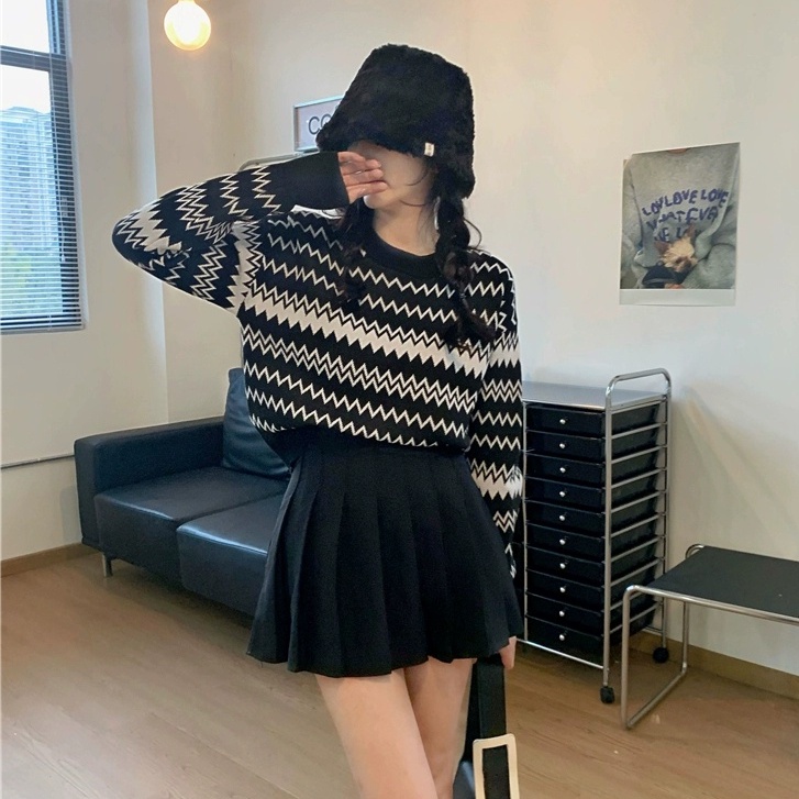 Áo sweater dệt kim cổ tròn tay dài kẻ sọc thoáng khí thoải mái thời trang Hàn Quốc cho nữ