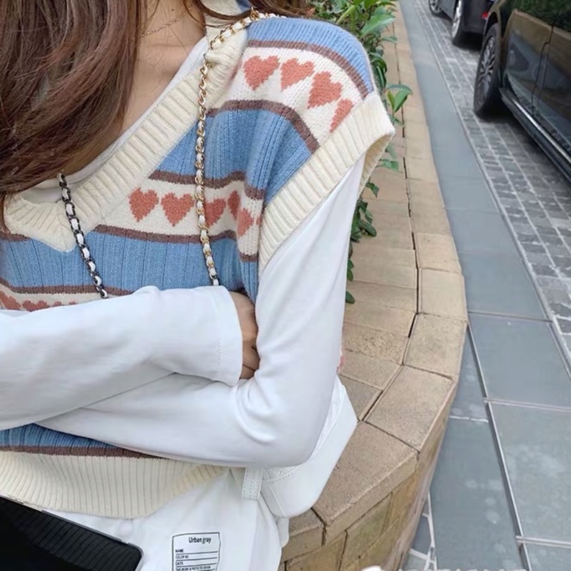 Áo Dệt Kim Không Tay Cổ Chữ V Phong Cách Harajuku Cổ Điển