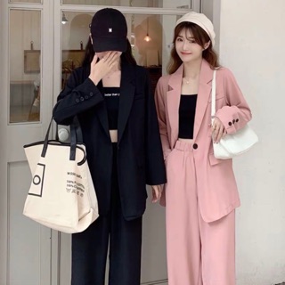 [ HÀNG MỚI VỀ ] SET ÁO BLAZER + QUẦN DÁNG ỐNG SUÔNG HAI MÀU HỒNG VÀ ĐEN ( có sẵn + đủ size ) - kiwi