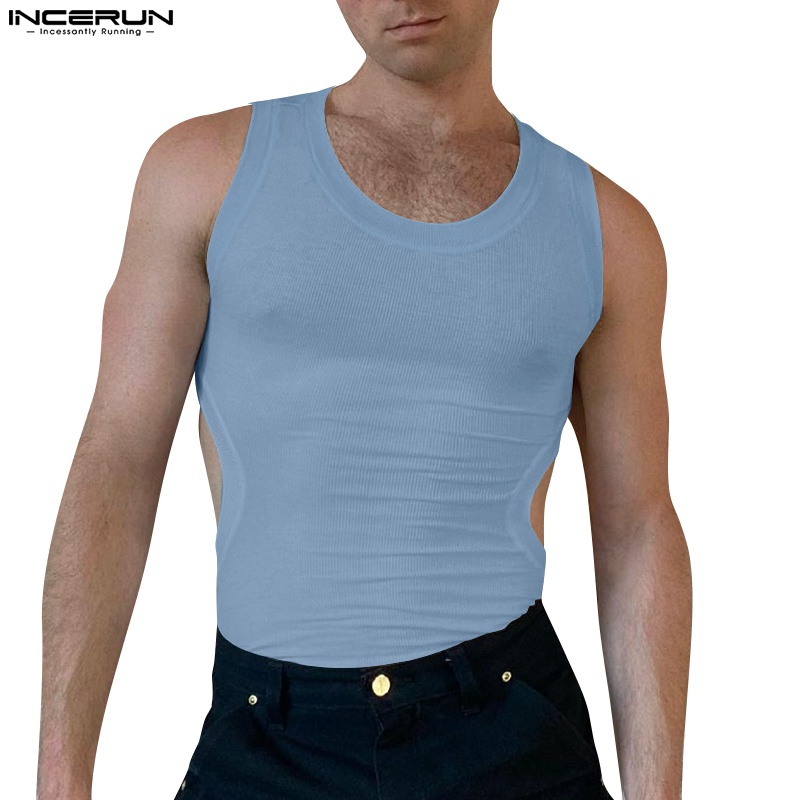Áo kiểu INCERUN sát nách cổ tròn thiết kế khoét lỗ 3 màu sắc tùy chọn thời trang mùa hè dành cho nam