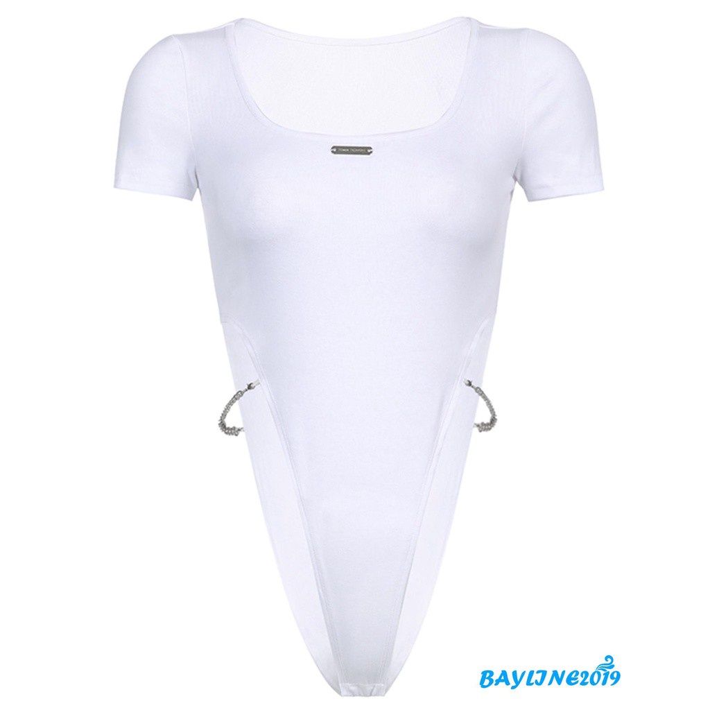 Áo liền quần tay ngắn cổ tròn eo cao phối dây xích phong cách thời trang mùa hè cho nữ