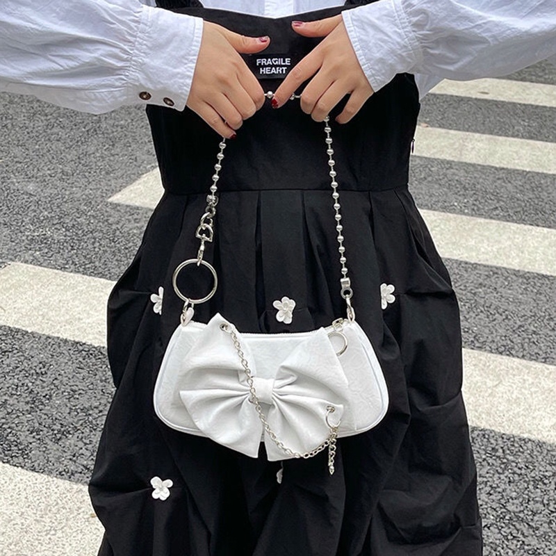 IELGY Túi đeo dưới cánh tay đính nơ phối chuỗi dây xích thời trang dành cho phái nữ