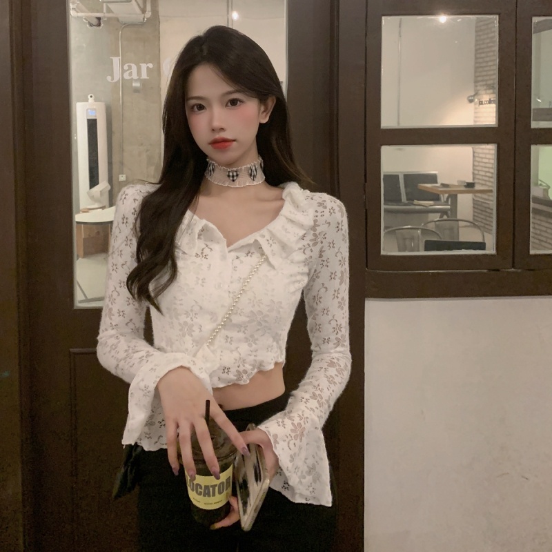 Áo kiểu tay dài cổ búp bê phối ren thời trang mùa thu