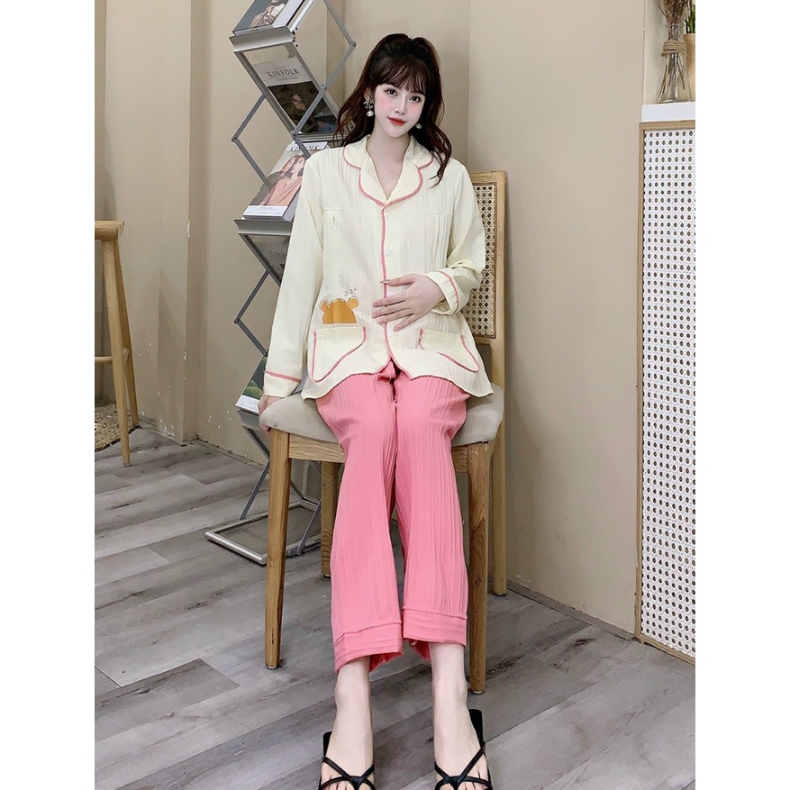 Bộ Bầu Pijama Dài Tay Quần Dài Và Sau Sinh 2 Chức Năng Có Khóa Cho Con Bú Mặc Ở Nhà Thu Đông M604 Mom and Baby