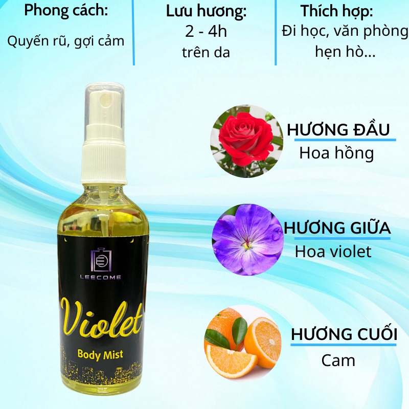 Body mist xịt thơm body LEECOME hương nước hoa siêu thơm lưu hương lâu, dưỡng ẩm cho da