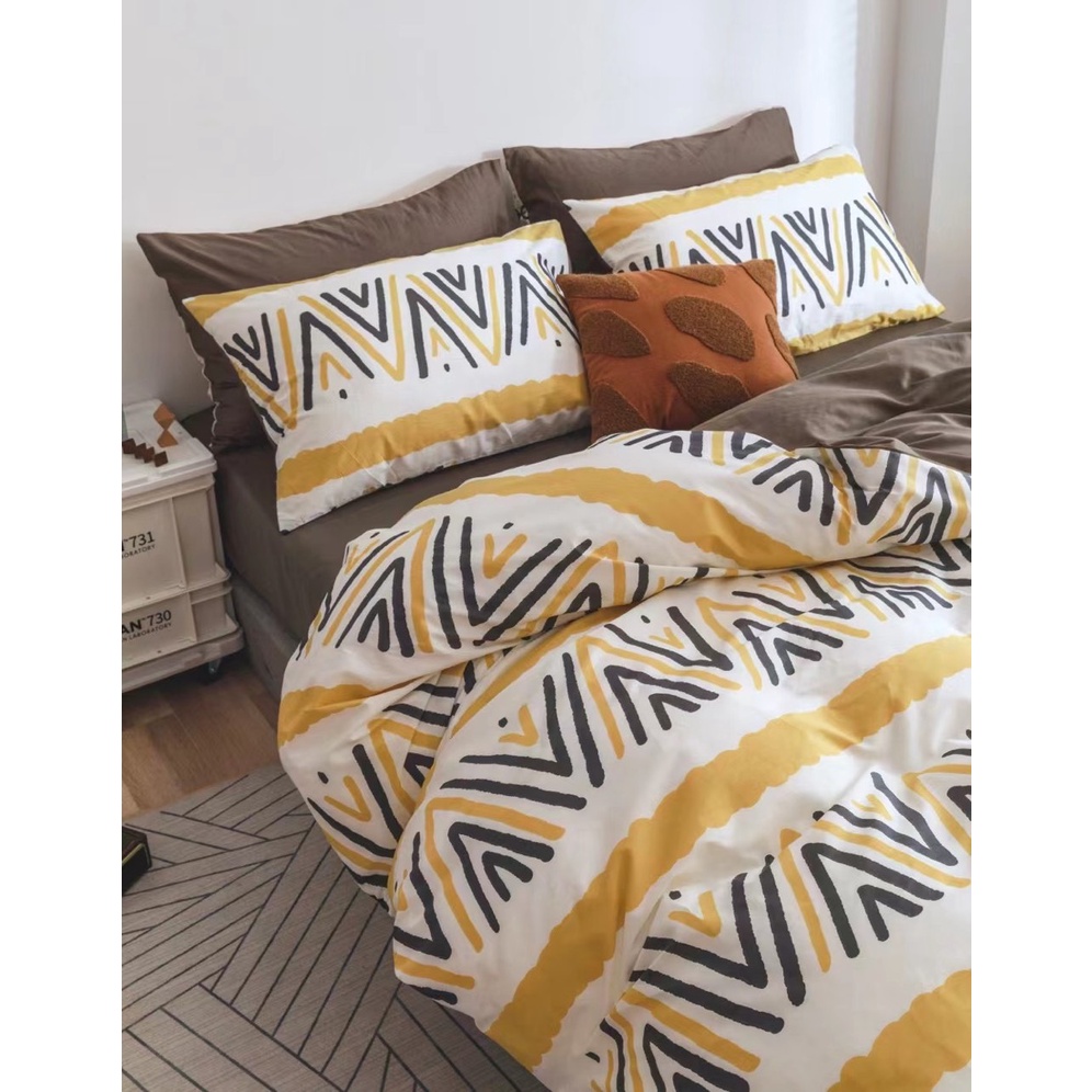 SET Chăn ga Cotton Living KẺ HỌA TIẾT TRẮNG VÀNG 4 Món chăn ga gối đệm cao cấp