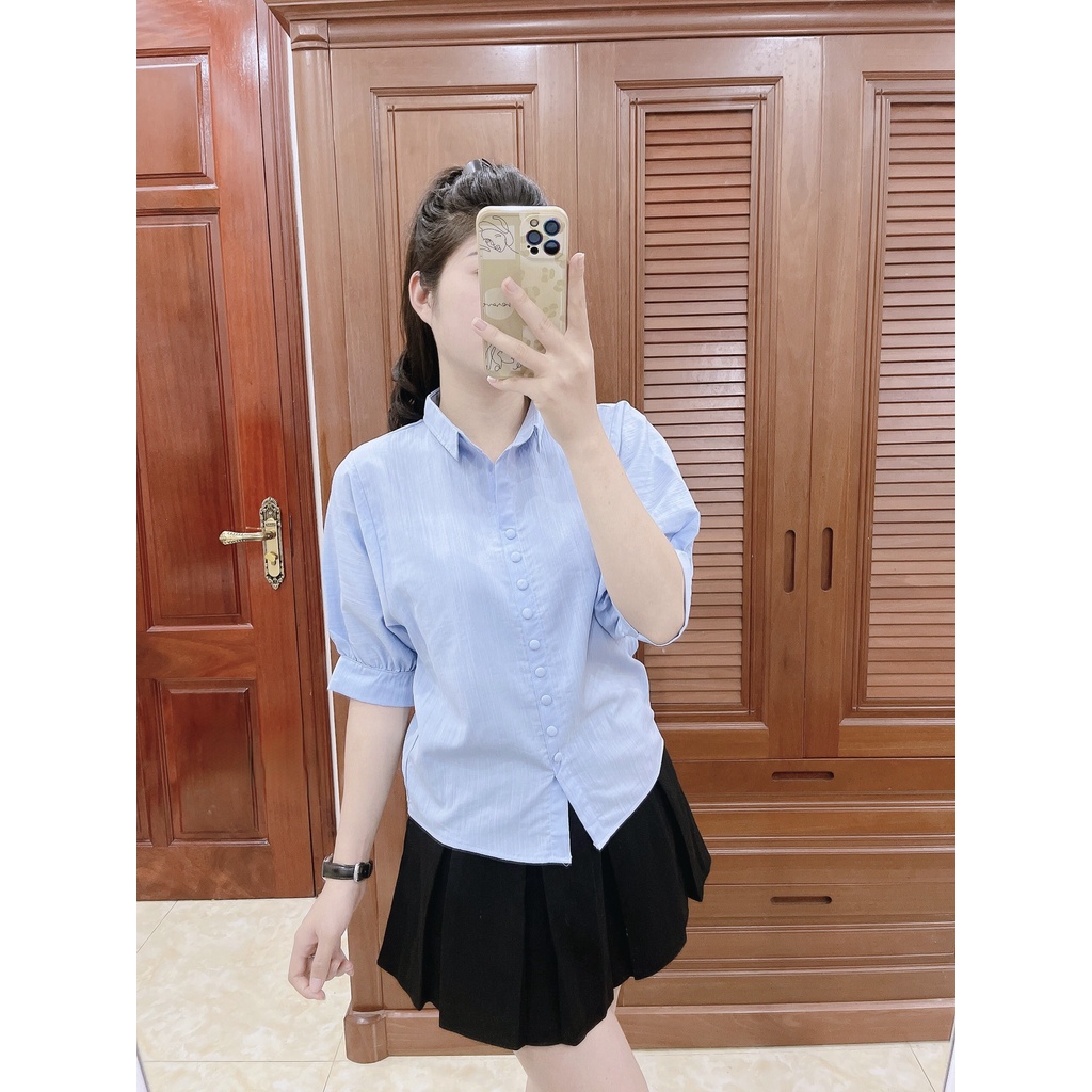 ÁO SƠ MI NỮ, ÁO CỘC TAY LỠ, KHUY LIỀN TRANG TRÍ KIỂU CHUI ĐẦU, CHẤT VẢI ĐŨI XƯỚC MỀM MÁT HÀNG THIẾT KẾ VNSX