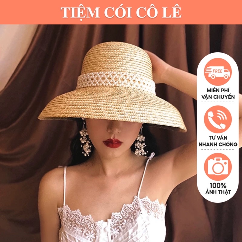 Nón cói chuông cao cấp phối đai ngọc sang chảnh-Tiệm Cói Cô Lê