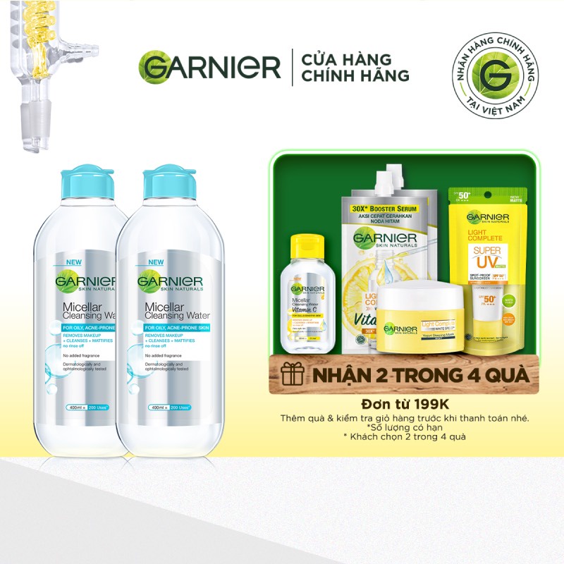 [Mã FMCGMALL -8% đơn 250K] Bộ đôi nước làm sạch và tẩy trang cho da dầu mụn Garnier Micellar Water 400ml