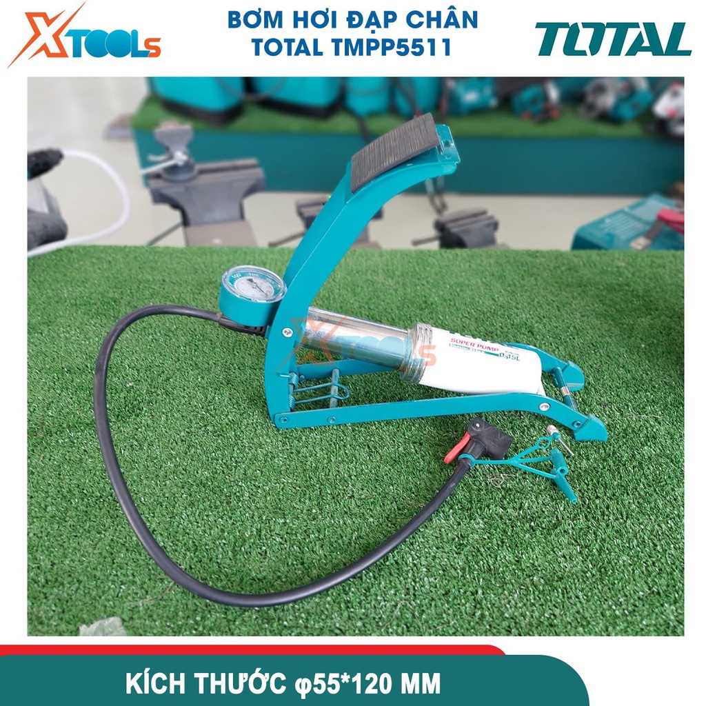 Bơm hơi đạp chân TOTAL TMPP5511, kích thước φ55 * 120mm, ống bền áp suất cao, đầu phù hợp với Schrader, Presta, Dunlop
