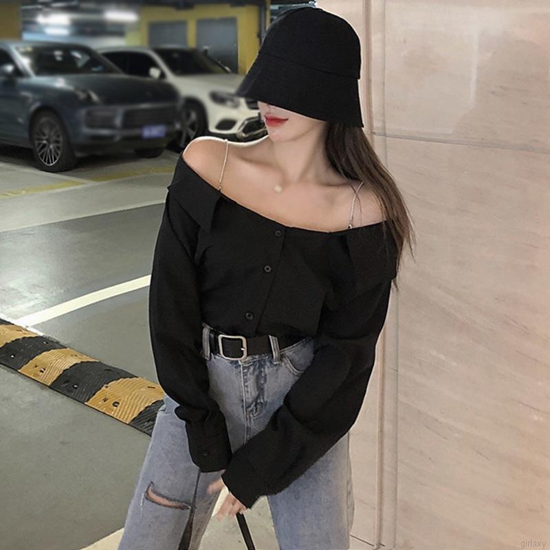 Áo sơ mi tay dài trễ vai màu sắc thời trang dành cho nữ