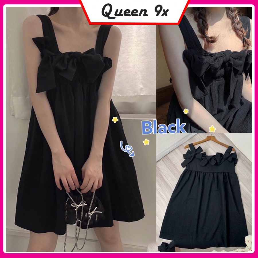 Đầm Nữ 2 Dây Babydoll Buộc Nơ, Váy Hai Dây Công Chúa Bánh Bèo Màu Đen Trắng Loại 1